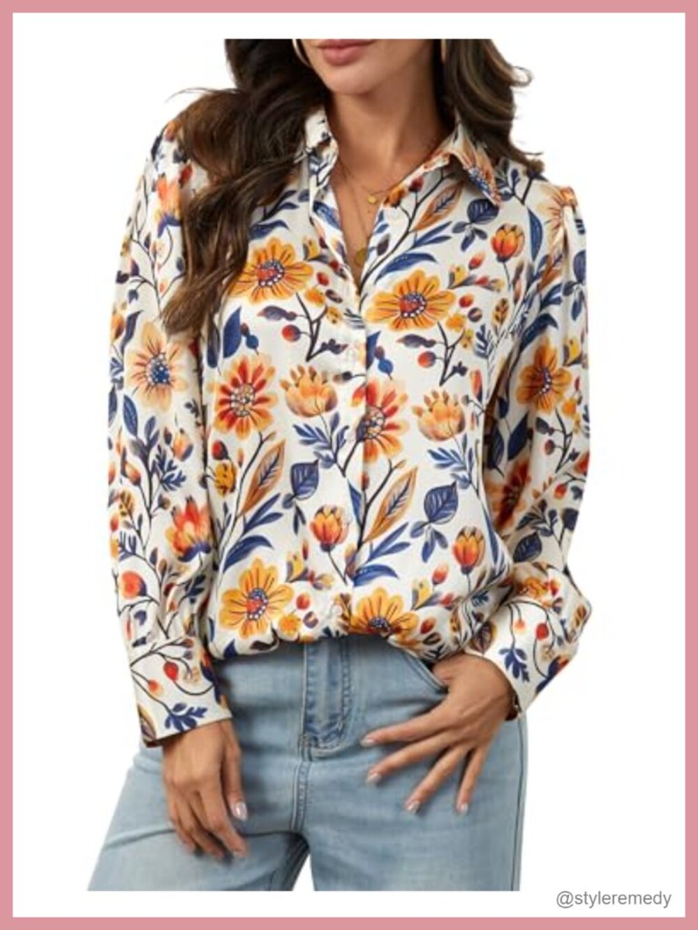 Wrinkle-Resistant Silky Button Down Shirt Relaxed Fit Blouse